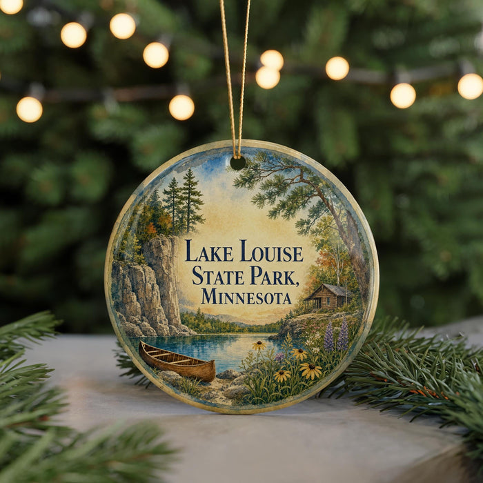 A round ornament with a painting of Lake Louise State Park in Minnesota, featuring a canoe and a scenic landscape.