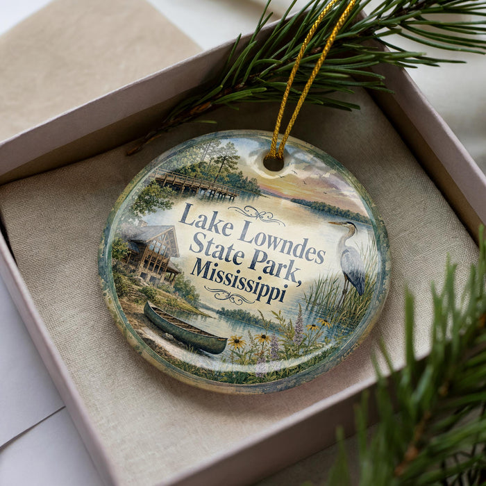 A decorative ornament with a lake and surrounding scenery, featuring a boat and a bird, is displayed in a box with pine branches.