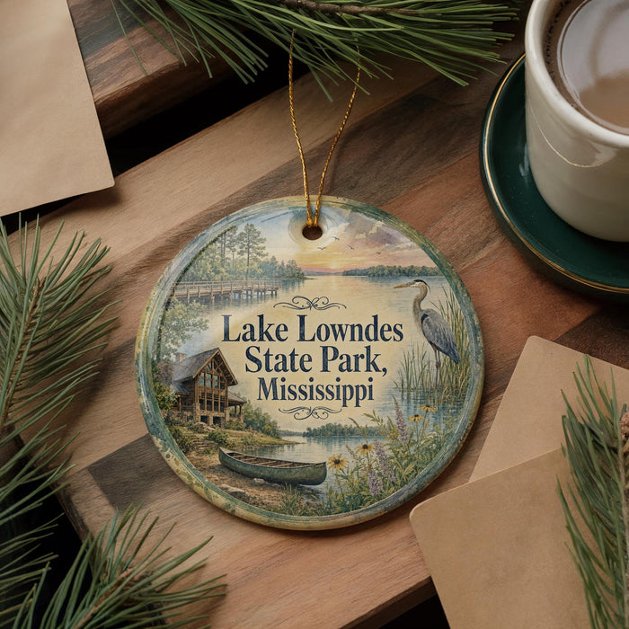 A decorative ornament with a lake and state park scene, featuring a canoe and a bird, is displayed on a wooden surface alongside a cup of coffee and some pine branches.