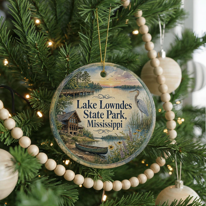 A circular ornament hanging on a Christmas tree, featuring a scenic image of Lake Lowndes State Park in Mississippi.