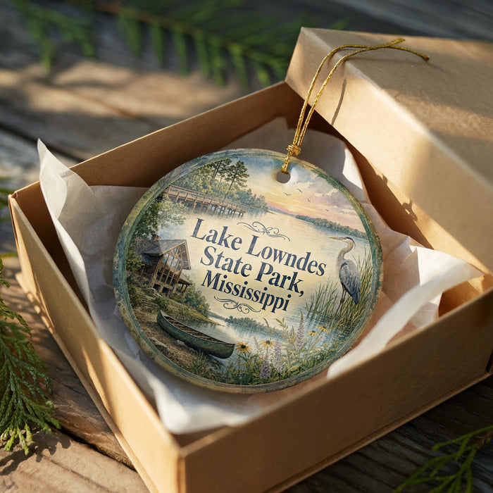 A decorative ornament in a box, featuring a scenic image of Lake Lowndes State Park, Mississippi.