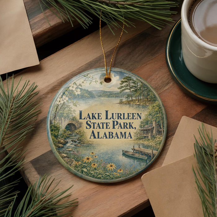 A decorative ornament with a scenic lake and forest landscape, featuring the text "Lake Lurleen State Park, Alabama" on it. The ornament is placed on a wooden surface, surrounded by pine branches and a cup of coffee.
