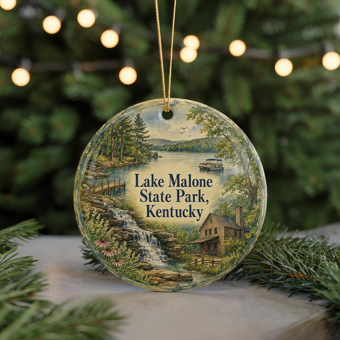 A round ornament featuring a scenic landscape with a waterfall, a house, and trees, with the text "Lake Malone State Park, Kentucky" displayed prominently.