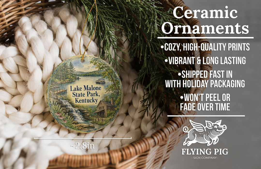 Ceramic ornaments, featuring a scenic image of Lake Malone State Park, Kentucky, hanging from a wicker basket.