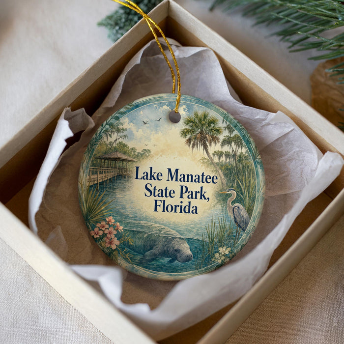 A circular ornament with a beach scene and palm trees, featuring the text "Lake Manatee State Park, Florida" on it.