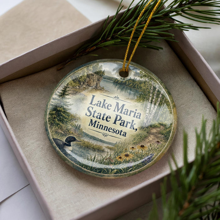 A decorative ornament with a lake and forest scene, featuring a bird and flowers, is displayed in a box with pine branches.