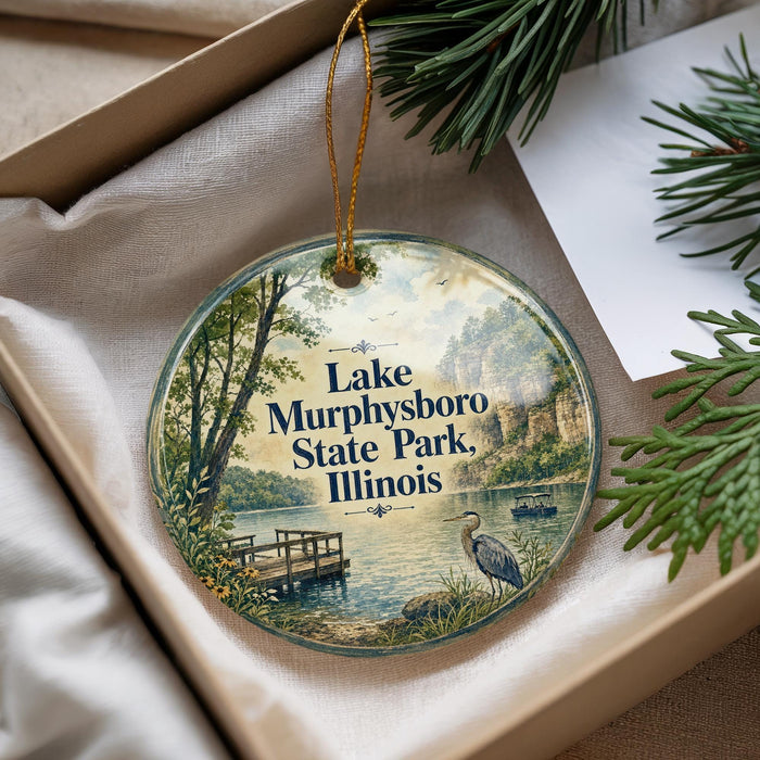 A decorative ornament with a scenic image of Lake Murphysboro State Park, Illinois, featuring a bird, a dock, and a lake.