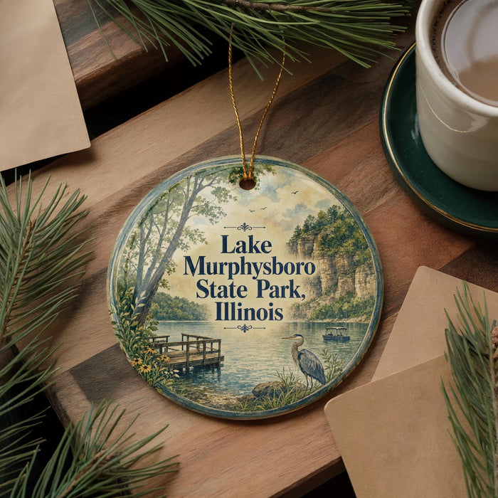 A round ornament with a scenic lake and park landscape, featuring a bird and a dock, is displayed on a wooden surface alongside a cup of coffee and some pine branches.