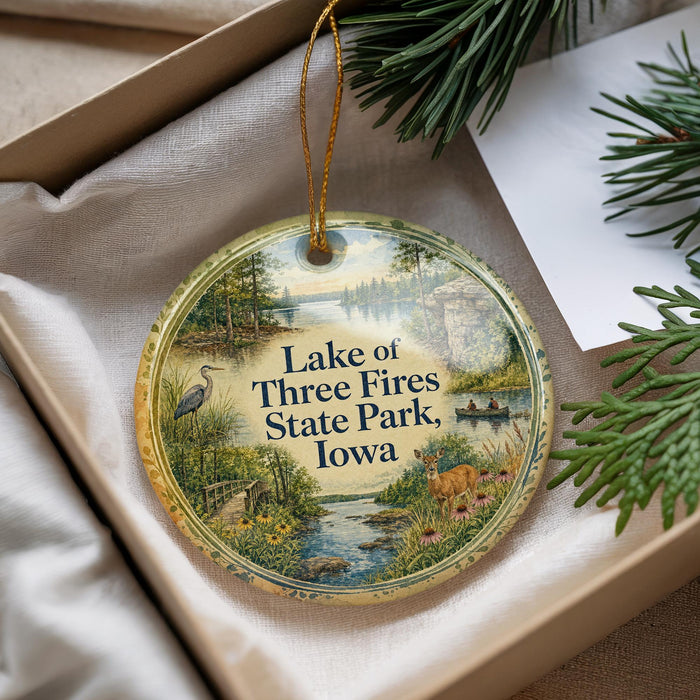 A decorative ornament with a scenic image of Lake of Three Fires State Park, Iowa, featuring a bird, a deer, and a river.