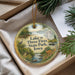 A decorative ornament with a scenic image of Lake of Three Fires State Park, Iowa, featuring a bird, a deer, and a river.