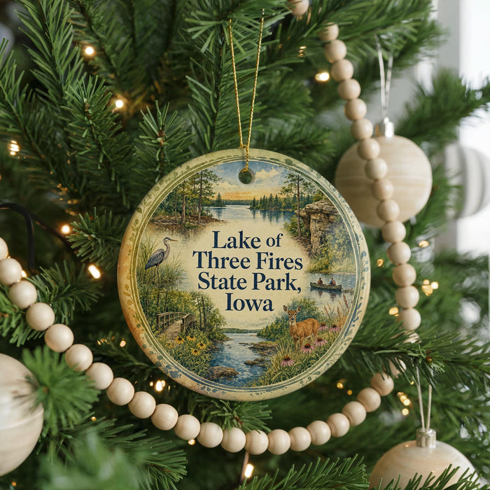 A round ornament hanging on a Christmas tree, featuring a scenic image of Lake of Three Fires State Park, Iowa.