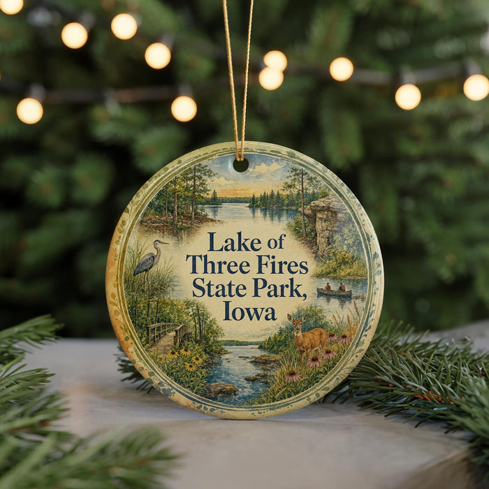 A round ornament with a painting of Lake of Three Fires State Park, Iowa, featuring a bird, a deer, and a river.