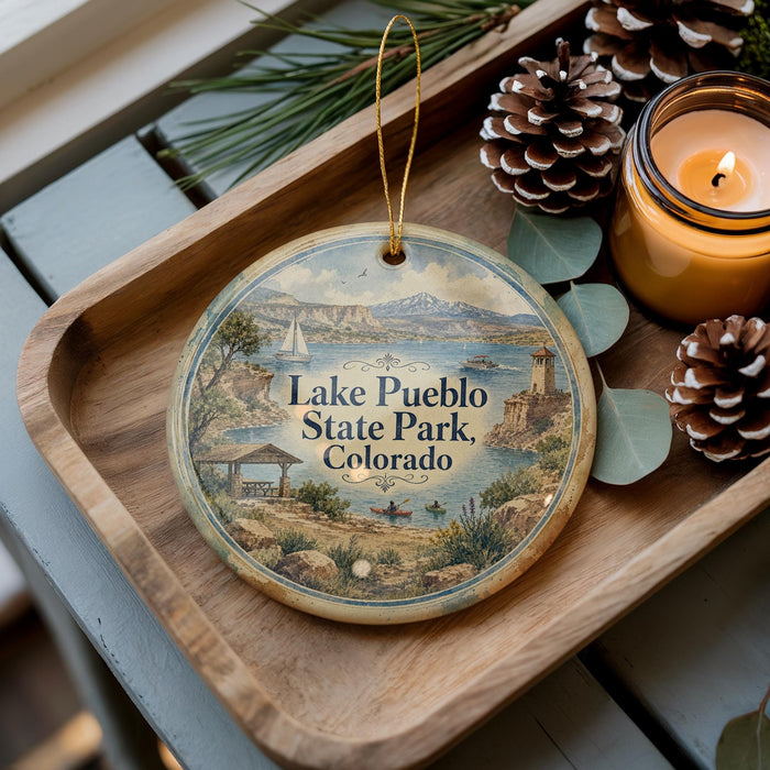 A decorative ornament featuring a scenic landscape of Lake Pueblo State Park, Colorado, with a candle and pine cones on a wooden tray.