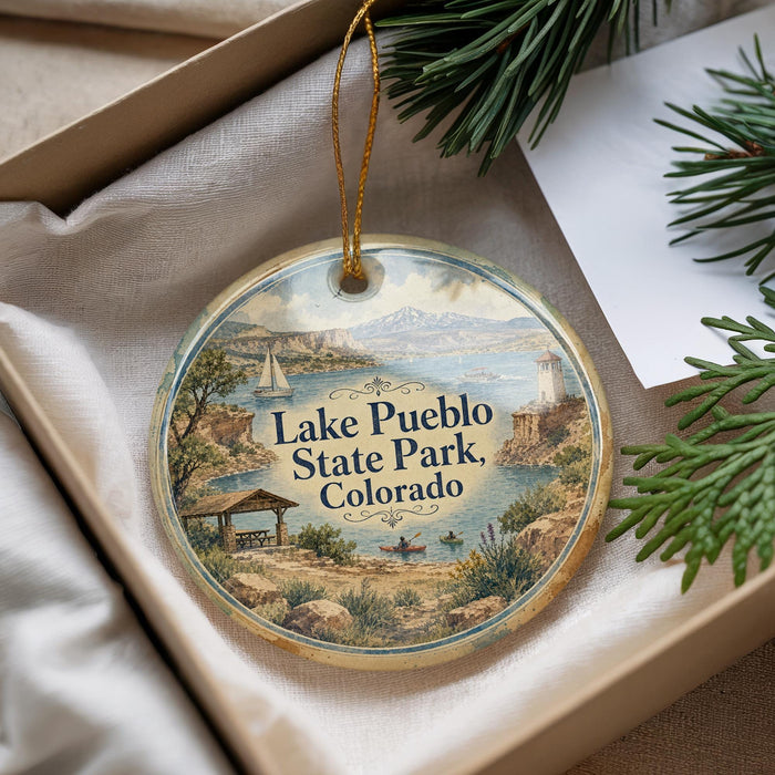 A decorative ornament with a scenic image of Lake Pueblo, Colorado, featuring a sailboat, lighthouse, and mountains.