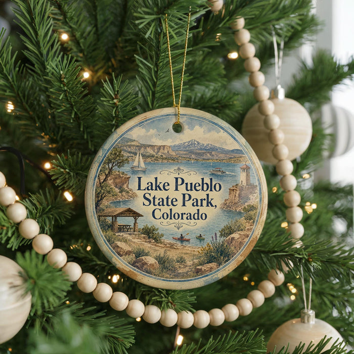 A round ornament hanging on a Christmas tree, featuring a scenic image of Lake Pueblo State Park, Colorado.