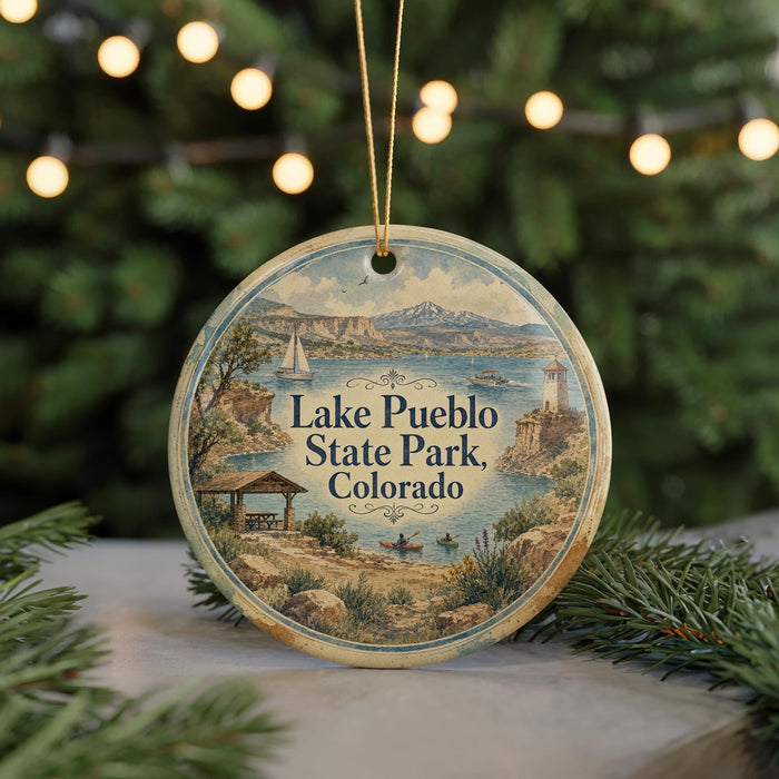 A round ornament with a scenic image of Lake Pueblo, Colorado, featuring a sailboat, mountains, and a cabin.