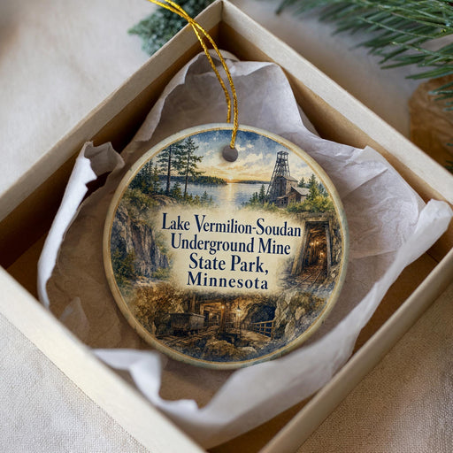 A round ornament with a painting of a mining scene, including a mine entrance, a river, and a sunset, is displayed in a box.