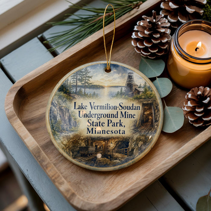 A decorative ornament featuring a scenic image of Lake Vermilion Soudan, an underground mine in Minnesota, with pine cones and a lit candle on a wooden tray.
