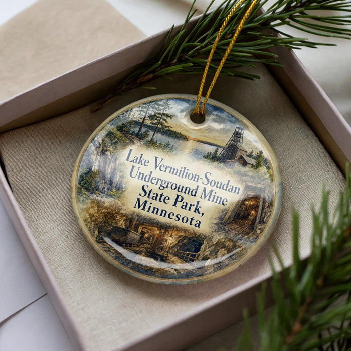 A decorative ornament with a scenic image of Lake Vermilion, Minnesota, surrounded by pine branches.