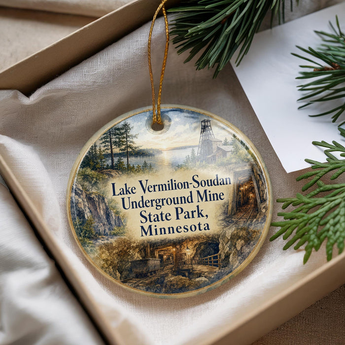 A decorative ornament with a scenic image of Lake Vermilion-Soudan, Minnesota, featuring a mining town and a lake.