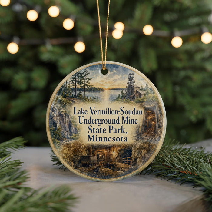 A round ornament with a painting of a landscape featuring a lake, mountains, and a mine, hanging on a string.