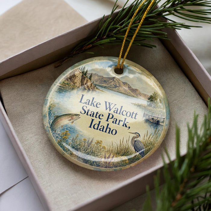A decorative ornament with a lake and mountains in the background, featuring a fish and a bird, is displayed in a box with pine branches.