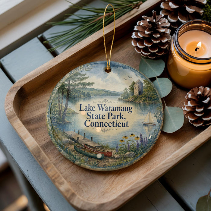 A decorative ornament featuring a scenic lake landscape with a boat, pine cones, and a candle on a wooden tray.