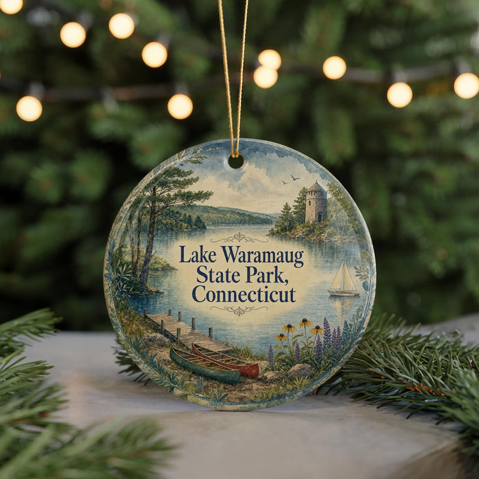 A decorative ornament featuring a scenic lake surrounded by trees and a castle, with the text "Lake Waramaug State Park, Connecticut" displayed prominently.
