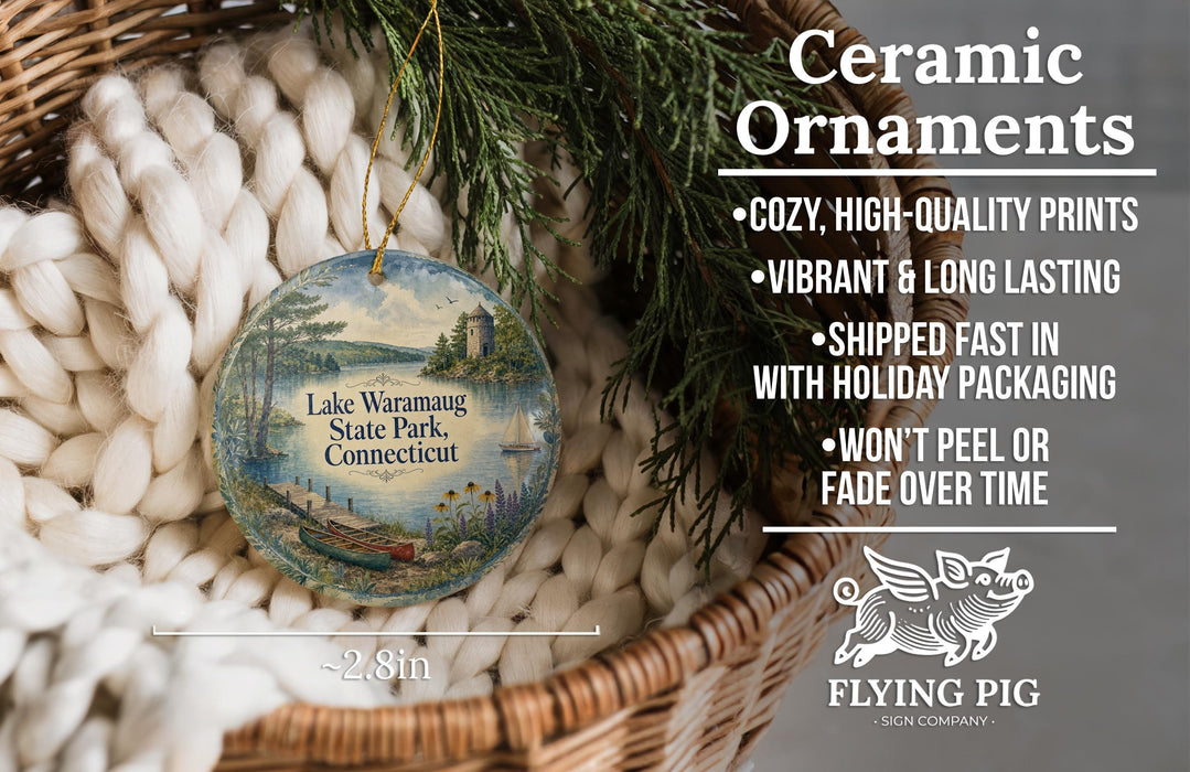 Ceramic ornaments, featuring a scenic lake view and a boat, are displayed in a basket.
