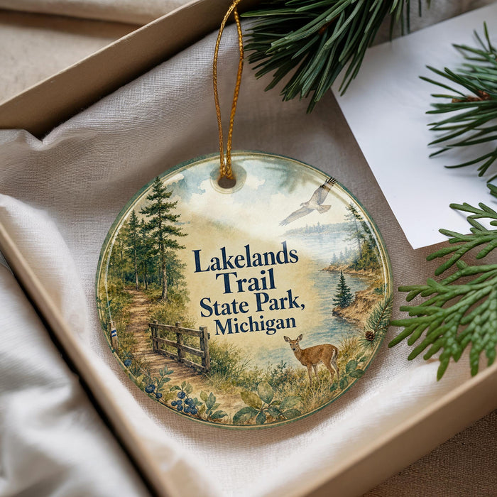 A round ornament with a scenic illustration of Lakelands Trail State Park, Michigan, featuring a deer, a bridge, and a forest landscape.