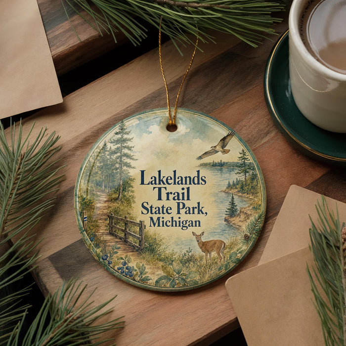 A round ornament with a scenic illustration of Lakelands Trail State Park, Michigan, featuring a deer, a bird, and a path surrounded by pine trees.