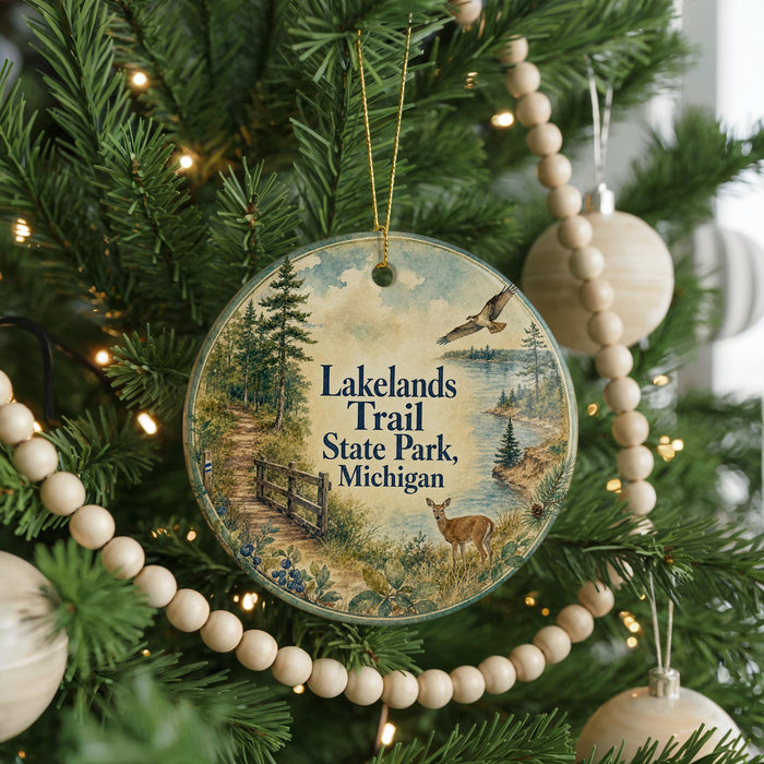 A round ornament hanging on a Christmas tree, featuring a scenic image of Lakelands Trail State Park in Michigan.