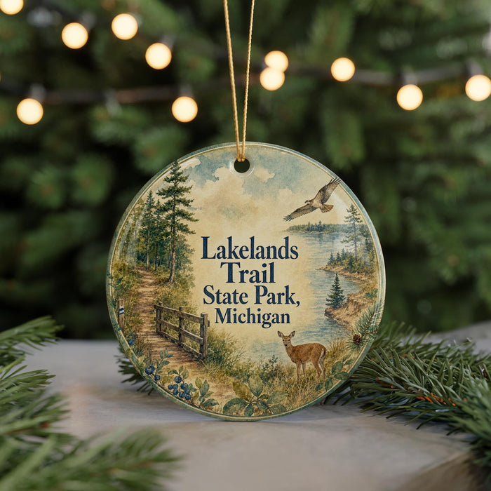 A round ornament with a scenic illustration of Lakelands Trail State Park, Michigan, featuring a deer, a bird, and a path surrounded by trees and greenery.