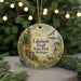 A round ornament with a scenic illustration of Lakelands Trail State Park, Michigan, featuring a deer, a bird, and a path surrounded by trees and greenery.