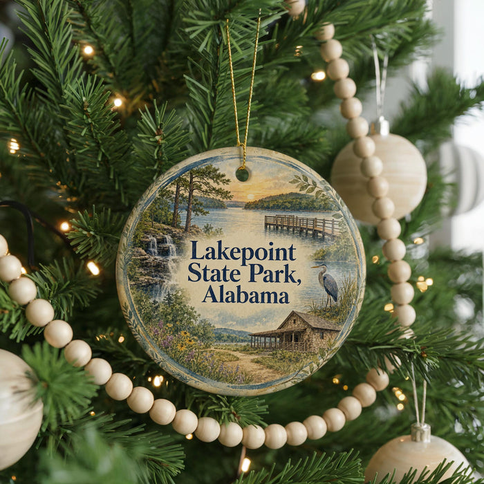 A circular ornament hanging on a Christmas tree, featuring a scenic landscape with a lake, a bridge, and a bird.