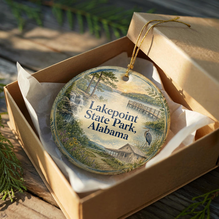 A decorative ornament in a wooden box, featuring a scenic landscape with a lake, trees, and a bridge.