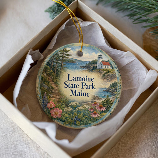 A decorative ornament in a box, featuring a scenic landscape with a lighthouse and a path leading through a forest.