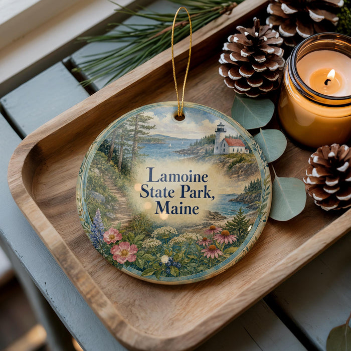 A decorative ornament with a scenic landscape of Lameine State Park, Maine, featuring a lighthouse and pine trees, is displayed on a wooden tray alongside pine cones and a lit candle.