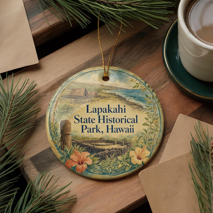 A decorative ornament with a landscape scene and text, placed on a wooden surface next to a cup of coffee and pine branches.