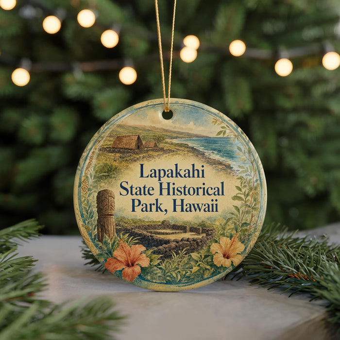 A round ornament with a scenic image of Lapakahi State Historical Park, Hawaii, featuring a wooden structure, flowers, and a body of water.