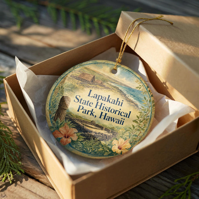 A circular ornament with a landscape scene and text, placed in a cardboard box with a gold string.