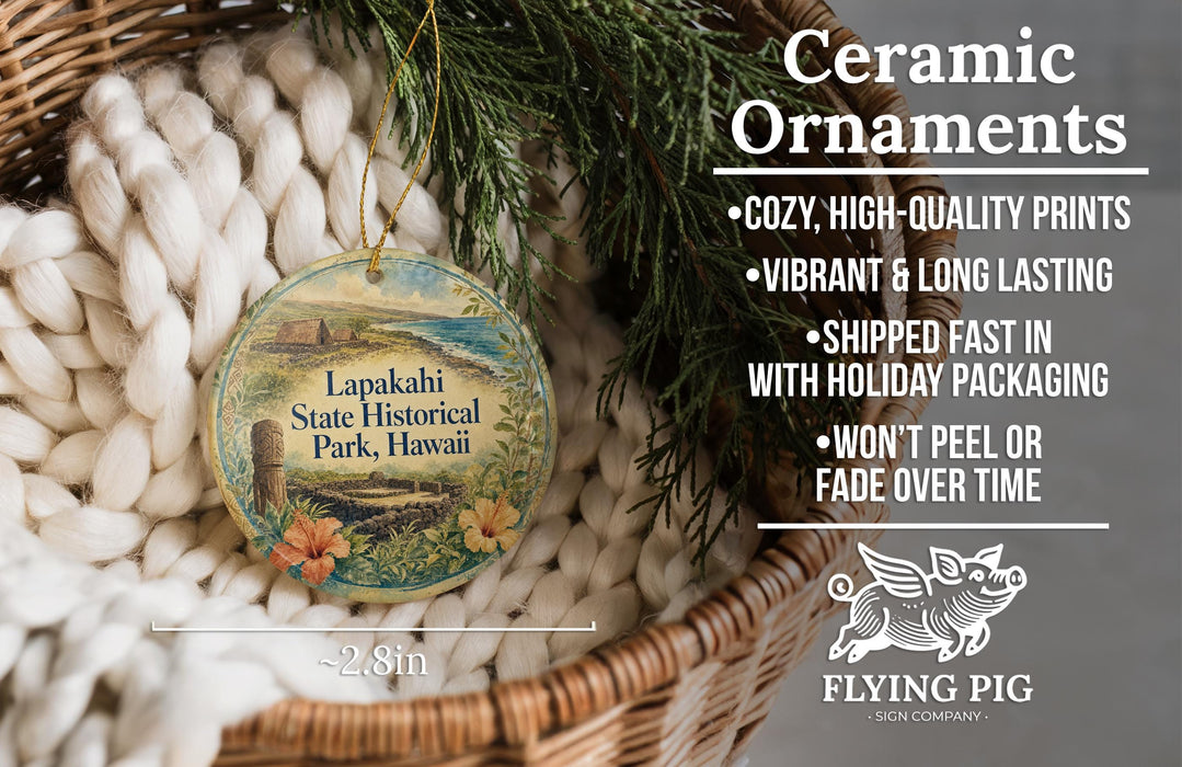 Ceramic ornaments, featuring a round ornament with a scenic image of Lapakahi State Historical Park, Hawaii, hanging from a wicker basket.