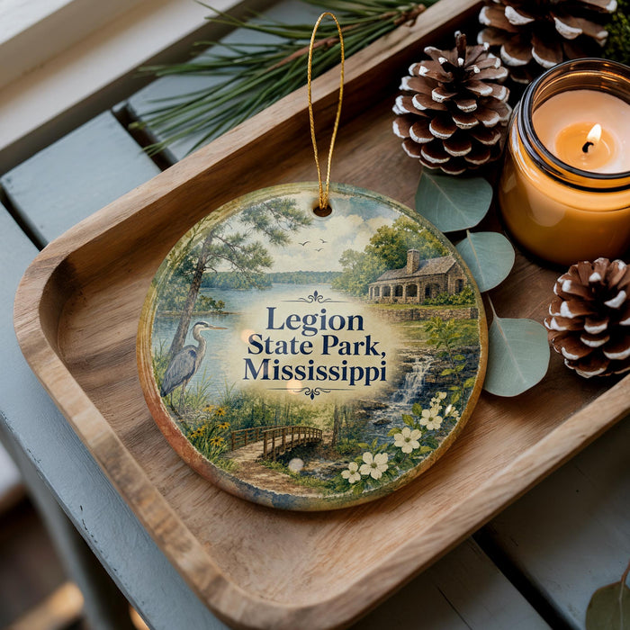 A decorative ornament featuring a scenic image of Legion State Park, Mississippi, with a candle and pine cones on a wooden tray.