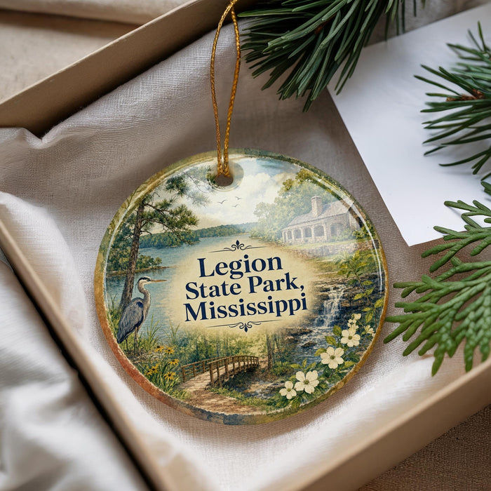 A decorative ornament with a scenic image of a lake, a bird, and a bridge, along with the text "Legion State Park, Mississippi" on it.