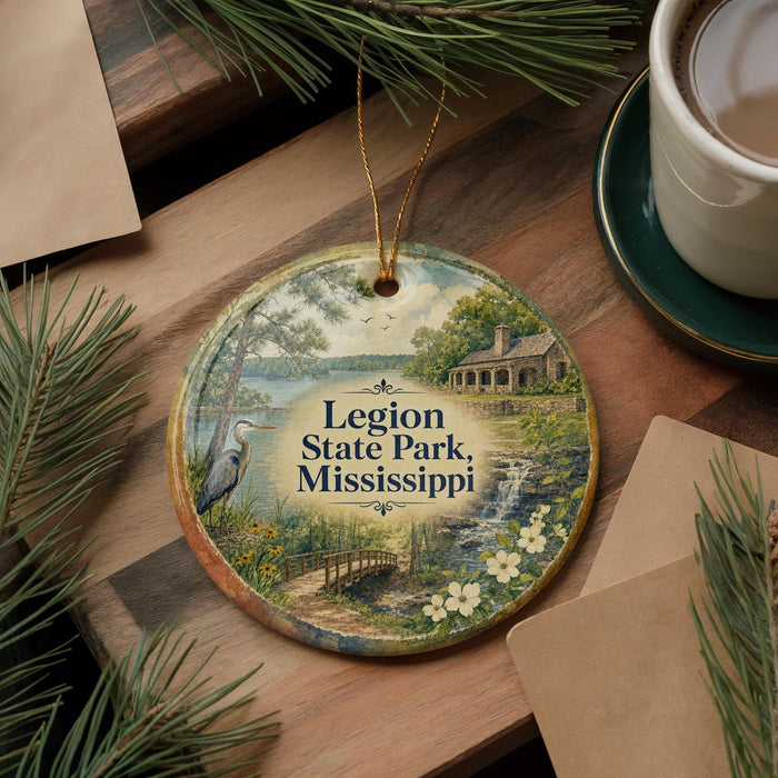 A round ornament with a scenic image of a lake and a bird, surrounded by pine branches and a cup of coffee on a wooden surface.