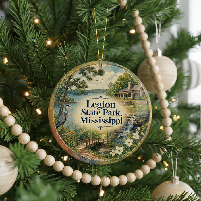 A round ornament hanging on a Christmas tree, featuring a scenic image of a lake, a bridge, and a bird.