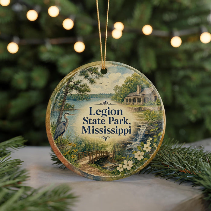A round ornament with a painting of a scenic landscape, featuring a lake, a bridge, and a bird, hangs in front of a Christmas tree with twinkling lights.