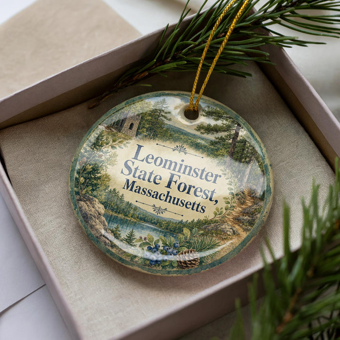 A decorative ornament in a box, featuring a scenic landscape with pine trees and a body of water.