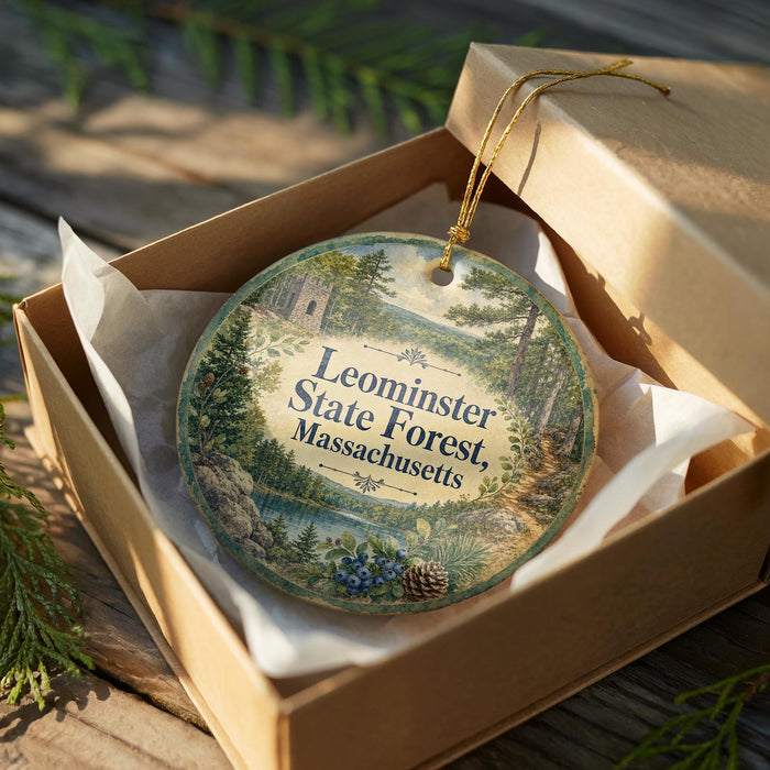A circular ornament in a brown box, featuring a scenic landscape with pine trees, a lake, and a castle, with the text "Leominster State Forest, Massachusetts" printed on it.