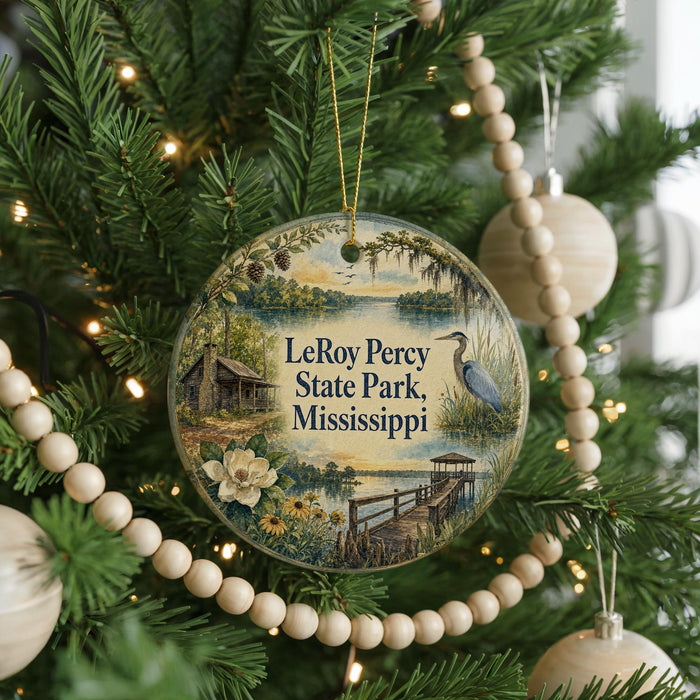 A round ornament hanging on a Christmas tree, featuring a scenic image of LeRoy Percy State Park, Mississippi.